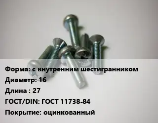 Винт с внутренним шестигранником 16х27 ГОСТ 11738-84 оцинкованный